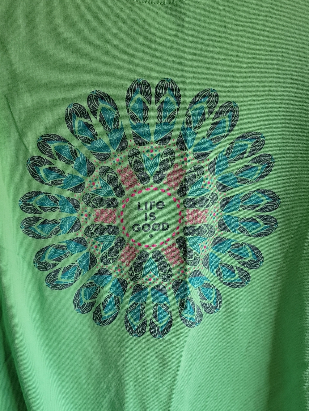 Women's size large Life Is Good green cotton Crusher tee t-shirt w/flip-flops - Picture 2 of 7